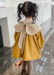 Fashion Yellow Bow Button Cotton Girls Trench Outwear Spring
