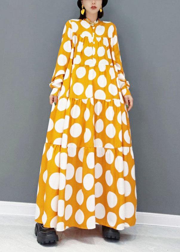 Fashion Yellow Button Print Fall Long Sleeve Holiday Dress - SooLinen