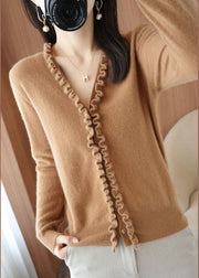 Fashion Yellow Camel Colour V Neck Thick Cashmere Knit Cardigans Long Sleeve