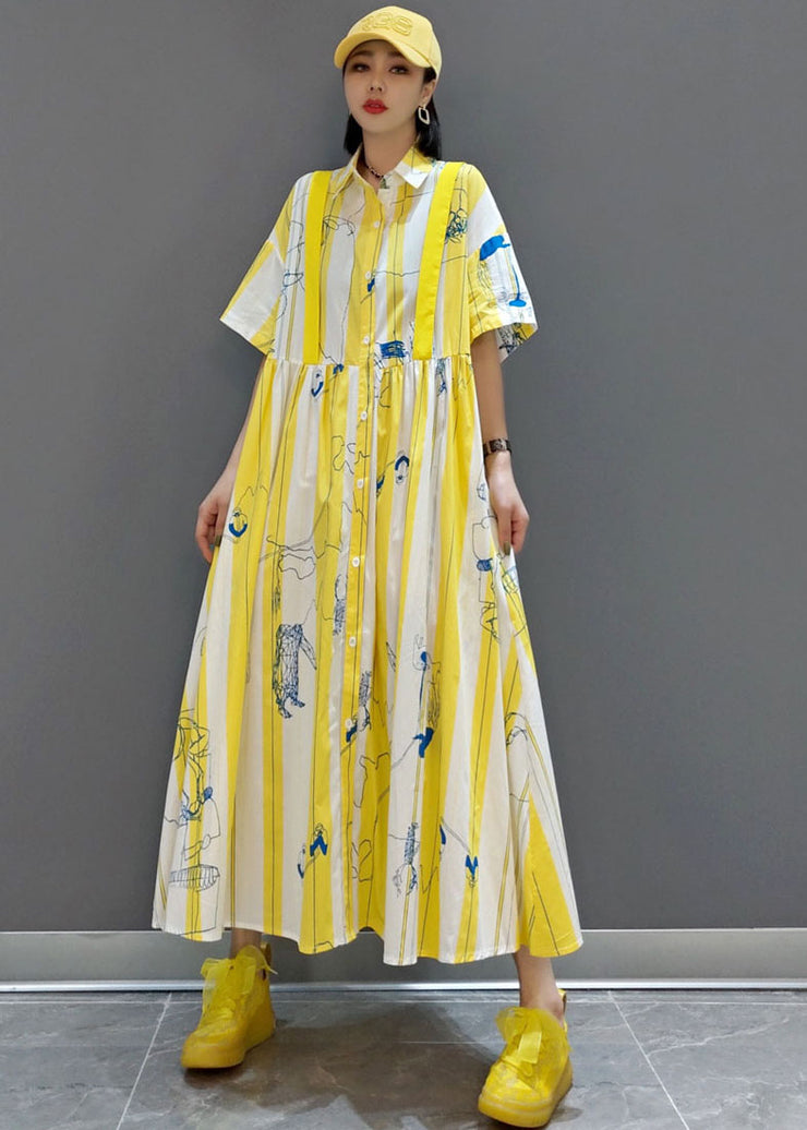 Fashion Yellow Cinched Striped print shirt long Dresses Spring