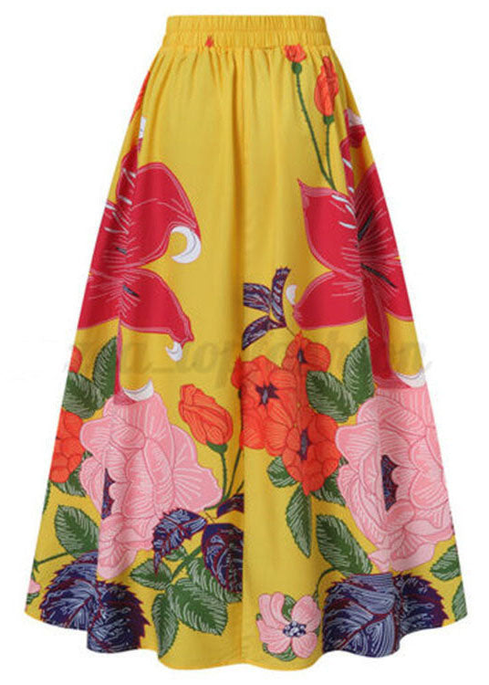 Fashion Yellow Elastic Waist Pockets Print Cotton Skirts Summer