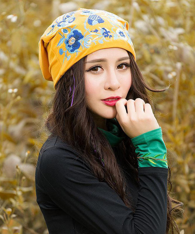 Fashion Yellow Embroidered Cotton Bonnie Hat