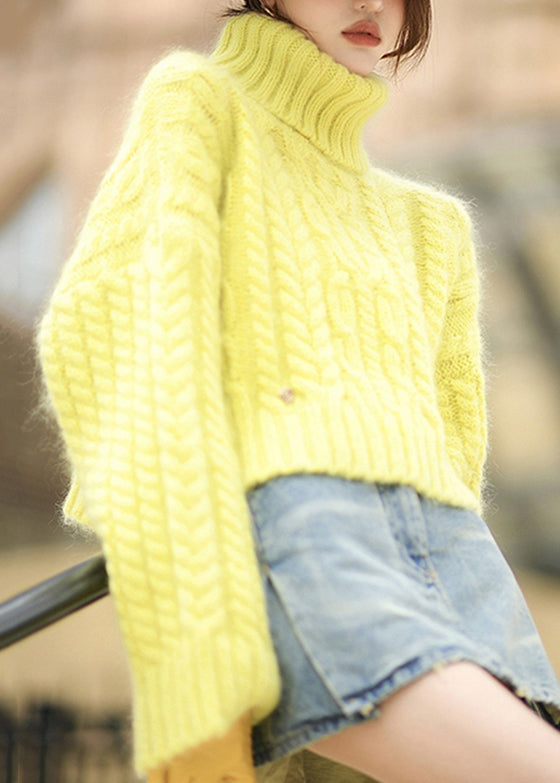 Fashion Yellow Hign Neck Thick Ma Hai Mao Short Knit Sweaters Winter
