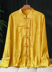 Modisches gelbes Stehkragen-Jacquard-Quasten-Seidenhemd mit langen Ärmeln