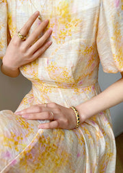 Fashion Yellow O-Neck Print Slim Fit Silk Holiday Dresses Lantern Sleeve
