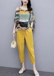 Fashion Yellow O-Neck Print Top und Hose Zweiteiler Sommer