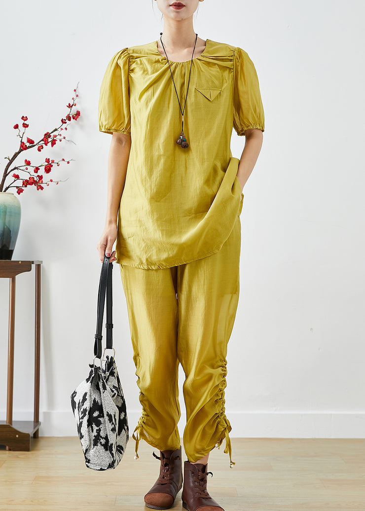 Fashion Yellow O-Neck Wrinkled Silk 2 Piece Outfit Summer