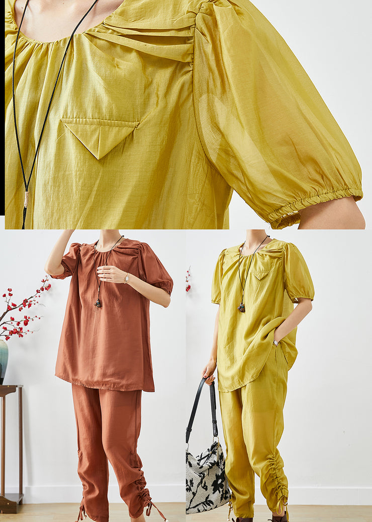 Fashion Yellow O-Neck Wrinkled Silk 2 Piece Outfit Summer