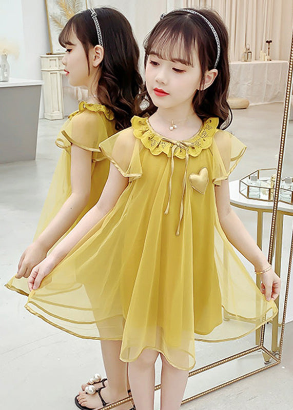 Fashion Yellow O-Neck Wrinkled Tulle Kids Long Dress Summer