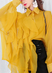 Fashion Yellow Peter Pan Collar Asymmetrical Button Chiffon Shirts Lantern Sleeve