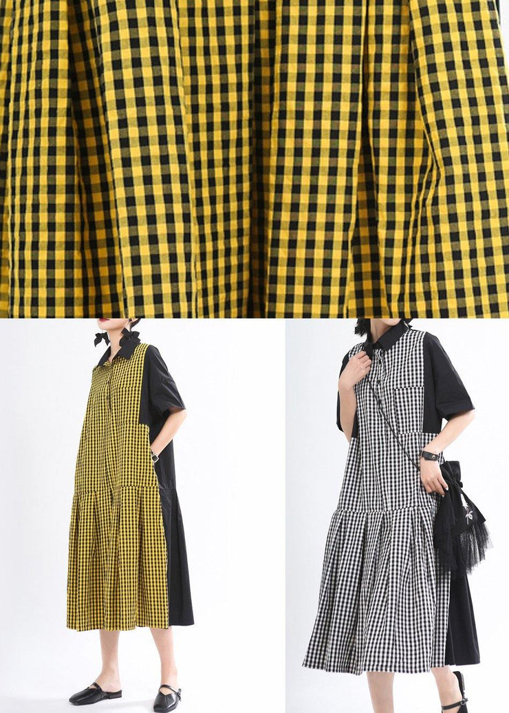 Fashion Yellow Plaid Button Summer Cotton Dress - SooLinen