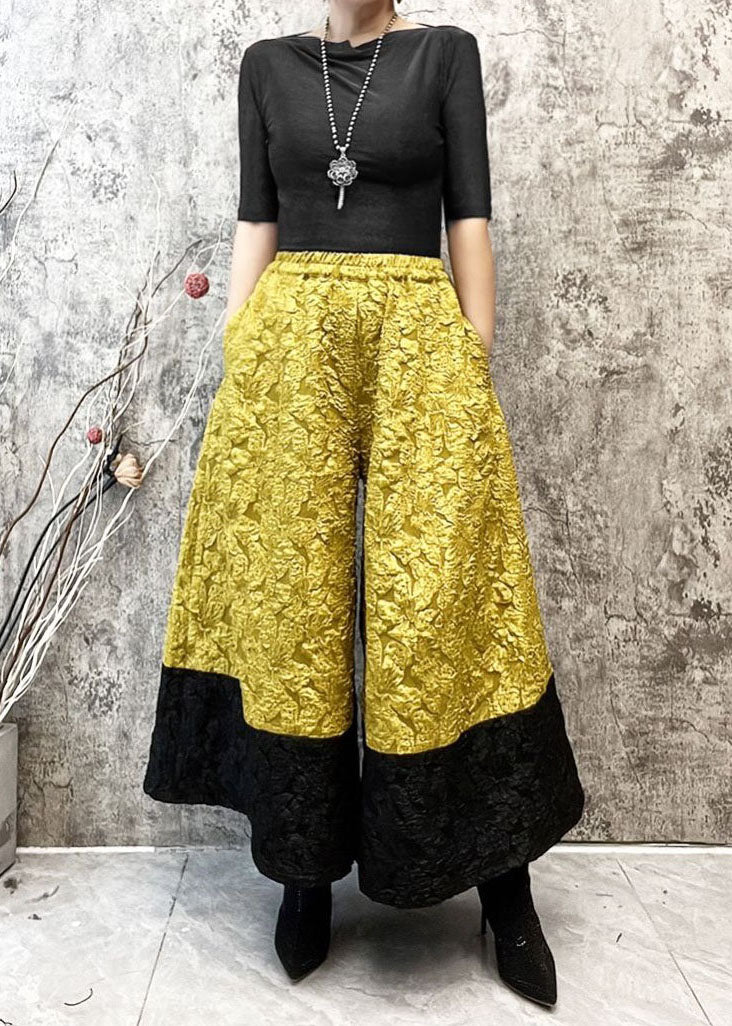 Fashion Yellow Pockets Jacquard Patchwork Silk Wide Leg Pants Spring