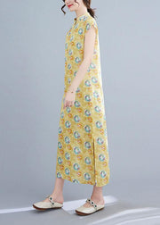 Fashion Yellow Print Cotton Dress Oriental Summer Vacation Dresses - SooLinen