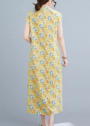 Fashion Yellow Print Cotton Dress Oriental Summer Vacation Dresses - SooLinen