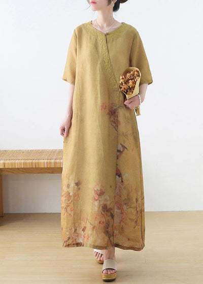 Fashion Yellow Print Oriental Party Dress Summer Linen Dress - SooLinen