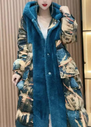Fashion Yellow Print Patchwork Button Faux Fur Thick Long Hooded Coat Winter