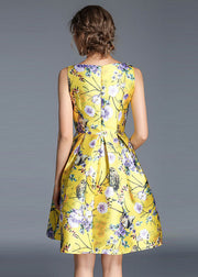 Fashion Yellow Print Wrinkled Patchwork Cotton Mid Dress Sleeveless