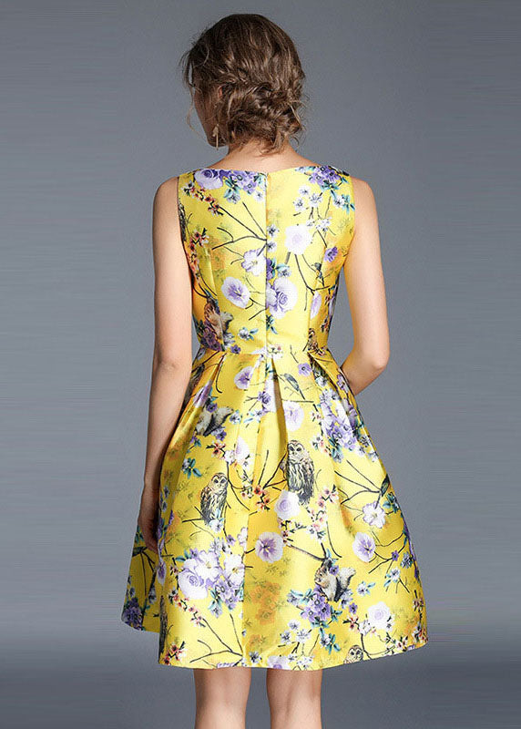 Fashion Yellow Print Wrinkled Patchwork Cotton Mid Dress Sleeveless