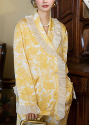 Fashion Yellow Ruffled Print Patchwork Cotton Two Pieces Set Pajamas Long Sleeve