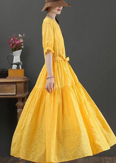 Fashion Yellow Short Sleeve A Line Summer Cotton Dress - SooLinen