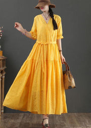 Fashion Yellow Short Sleeve A Line Summer Cotton Dress - SooLinen