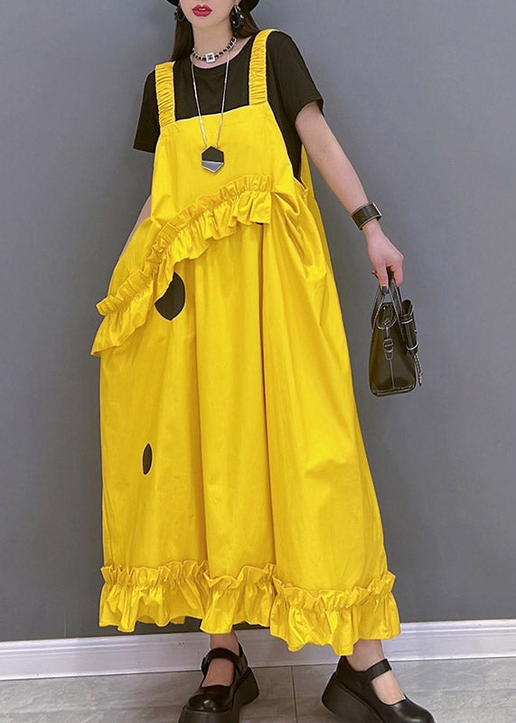 Fashion Yellow Slash Neck Dot Print Spaghetti Strap Dress Sleeveless