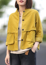 Fashion Yellow Stand Collar Patchwork Button Corduroy Coats Spring
