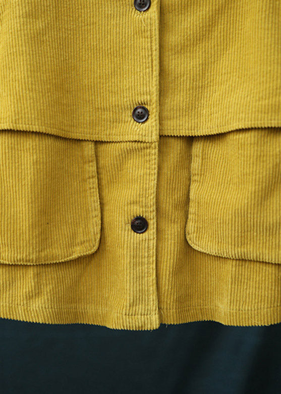 Fashion Yellow Stand Collar Patchwork Button Corduroy Coats Spring