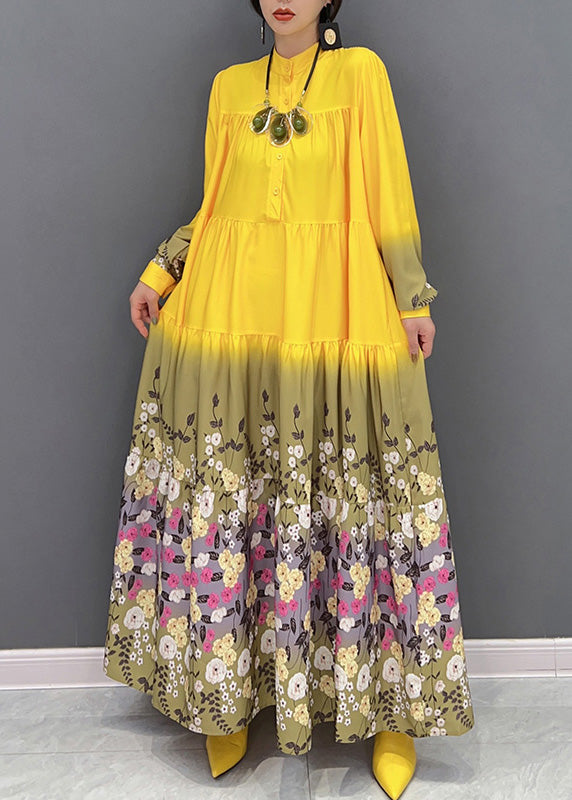 Fashion Yellow Stand Collar Print Patchwork Vacation Long Dresses Spring
