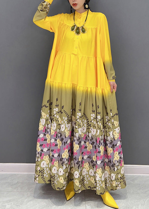 Fashion Yellow Stand Collar Print Patchwork Vacation Long Dresses Spring