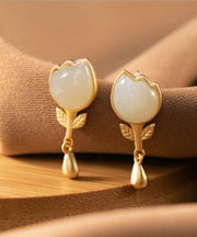 Fashion Yellow Sterlign Silver Inlaid Jade Leaf Drop Earrings