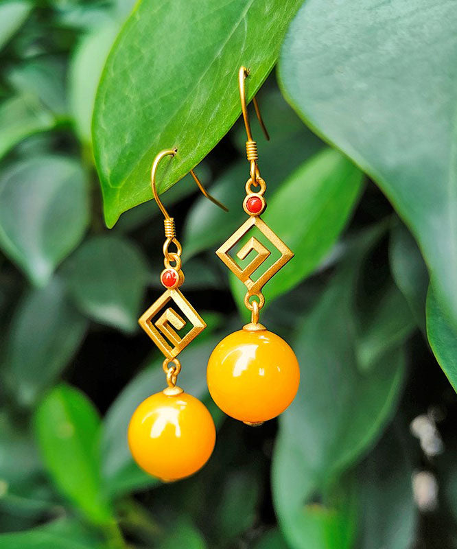Fashion Yellow Sterling Silver Overgild Beeswax Agate Drop Earrings