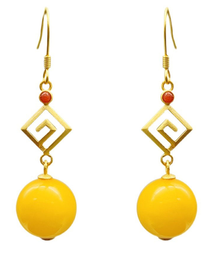 Fashion Yellow Sterling Silver Overgild Beeswax Agate Drop Earrings