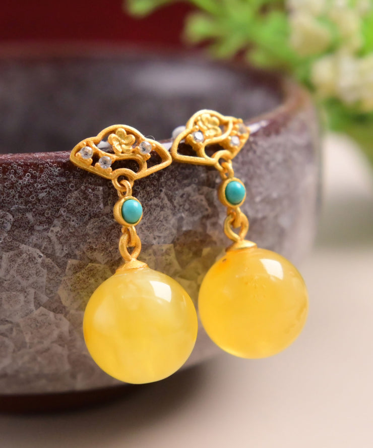 Fashion Yellow Sterling Silver Overgild Turquoise Beeswax Drop Earrings