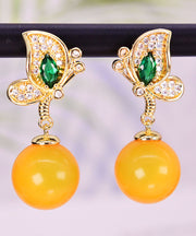 Fashion Yellow Sterling Silver Overgild Zircon Beeswax Butterfly Drop Earrings