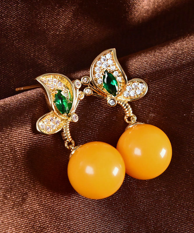 Fashion Yellow Sterling Silver Overgild Zircon Beeswax Butterfly Drop Earrings
