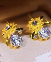 Fashion Yellow Sterling Silver Overgild Zircon Sunflower Drop Earrings