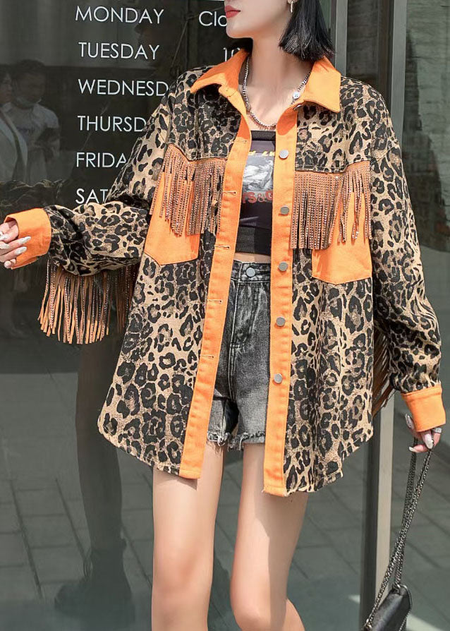 Fashion Yellow Tasseled Leopard Patchwork Denim Coat Spring