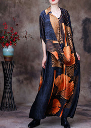 Fashion Yellow V Neck Asymmetrical Patchwork 2022 Silk Long Dress Half Sleeve