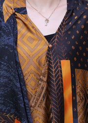 Fashion Yellow V Neck Asymmetrical Patchwork 2024 Silk Long Dress Half Sleeve