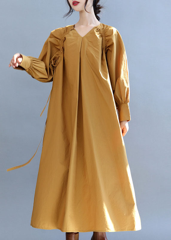 Fashion Yellow V-Ausschnitt Cinched Cotton Long Dress Herbst