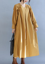Fashion Yellow V Neck Cinched Cotton Long Dress Fall