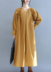 Fashion Yellow V-Ausschnitt Cinched Cotton Long Dress Herbst