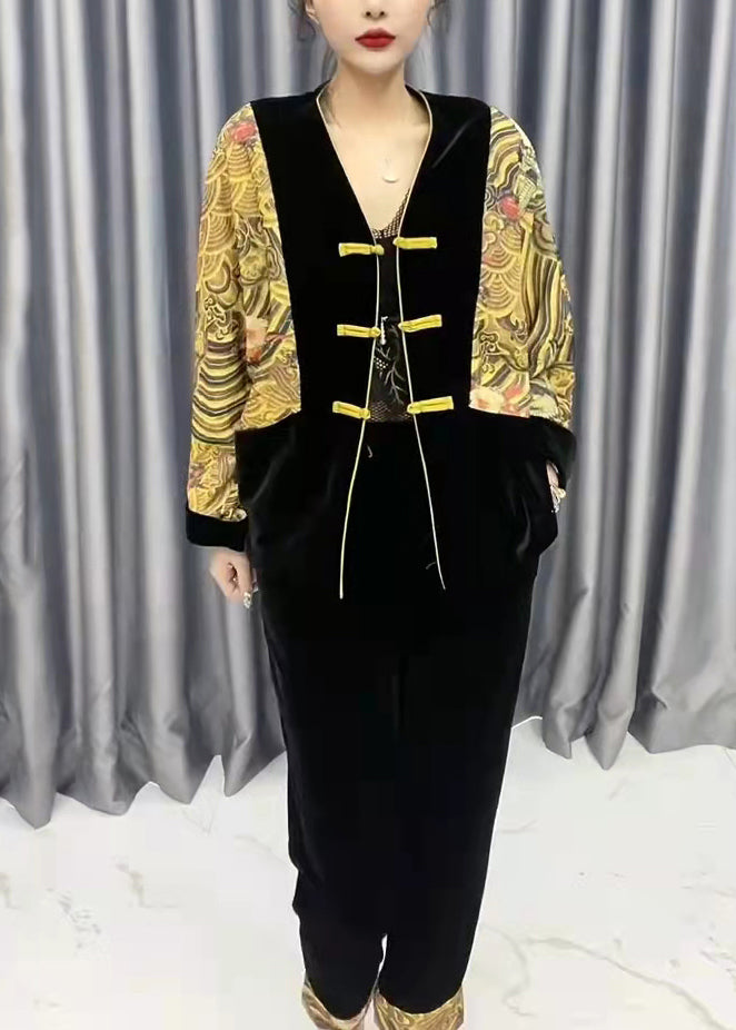 Fashion Yellow V Neck Print Patchwork Silk Velour Coats And Crop Pants Two Pieces Set Fall