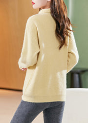 Fashion Yellow Zip Up Patchwork Warm Woolen Sweater Tops Fall