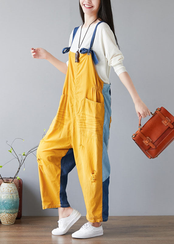 Mode Gelbe Taschen Patchwork Denim Overall Frühling