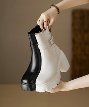 Fashion Zippered Splicing Chunky Heel Boots Black Cowhide Leather