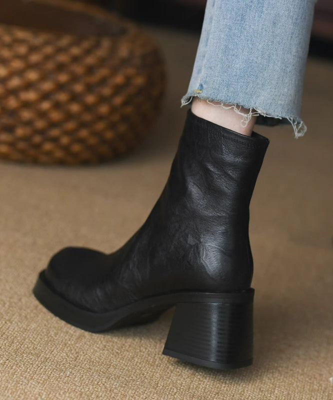 Fashion Zippered Splicing Chunky Heel Boots Black Faux Leather