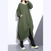 Fashion army green long coat oversize O neck asymmetrical design outwear Fashion zippered coats