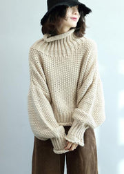 Fashion beige knit tops high neck lantern sleeve trendy plus size knit tops - SooLinen
